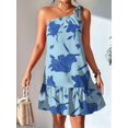 thumbnail image 6 of Women'S One Shoulder Leaf Print Self-Tie Short Dress Sleeveless Tiered Hem Formal Dress Blue L, 6 of 9