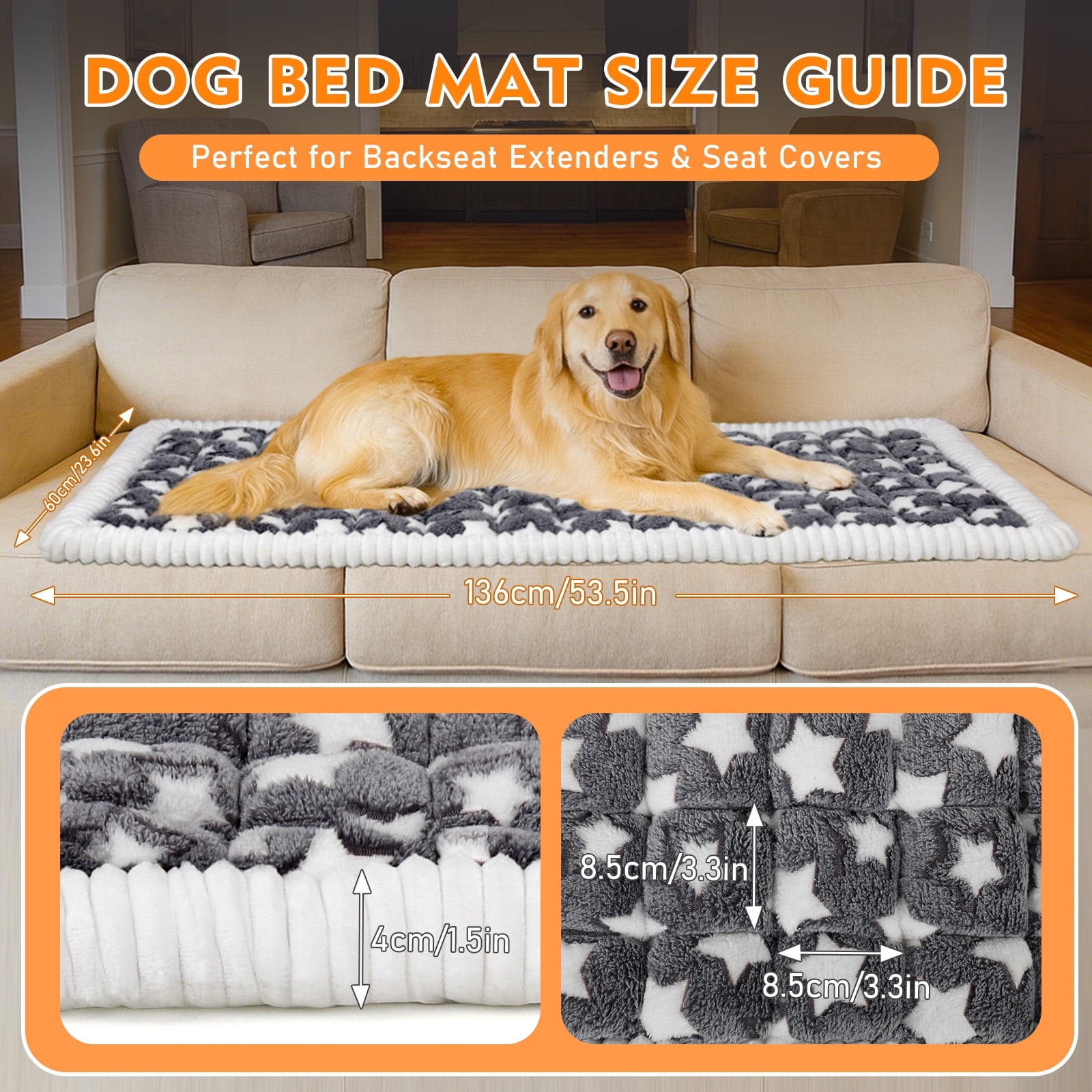 Greatcool Washable Pet Mat (54"x24"), Flannel Soft Dog Bed Mat with Non-Slip Bottom & PP Cotton Filling, Fits for 45 Inch Dogs Crate, Cozy for Sofa, Floor, Yard & Lawn and car backseat(Stars Print)