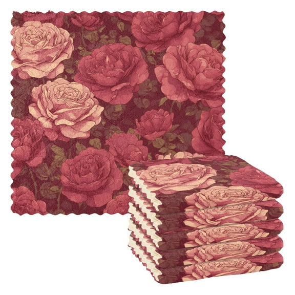 6 Pieces of Kitchen Towels 11x11Inch Kitchen Dish Cloths Kitchen Dish Towels Reuseable Cleaning Cloths Beautifui Rose Red