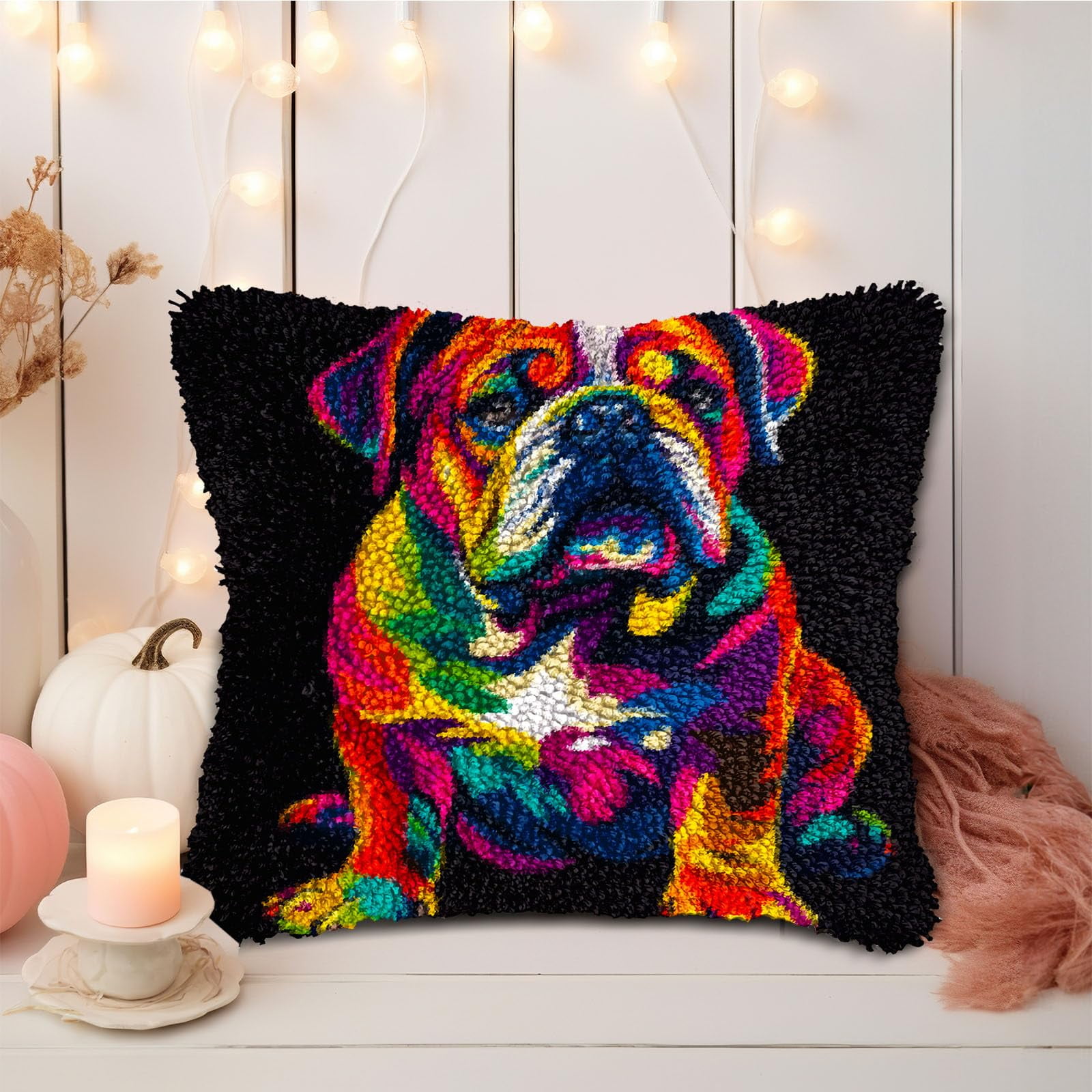 DIY Latch Hook Pillow Kits Rainbow Colorful English Bulldog Printed Pillowcase Crochet Yarns Hooking Handmade Pillow Cover Cushion for Home Sofa Decoration 17x17inch-8