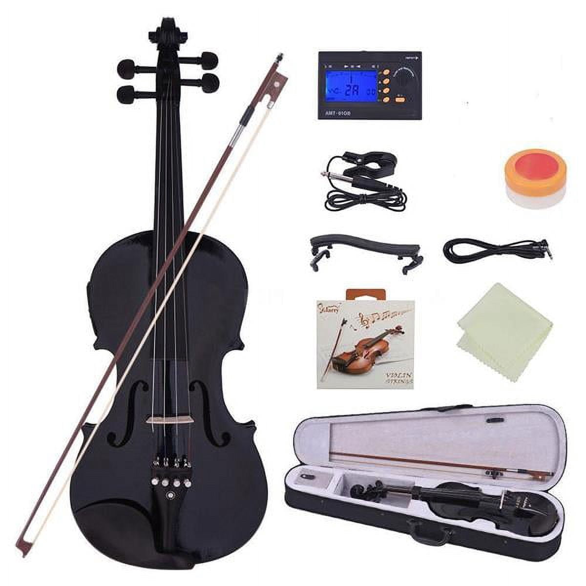 GV102 4/4 Solid Wood EQ Violin Set with Case, Bow, Shoulder Rest & Tuner - Electric Acoustic Violin for Beginners to Advanced (Black)