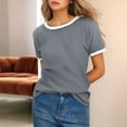 thumbnail image 3 of Kureaily Women's Solid Color Crew Neck Short Sleeve T Shirt With Contrast Trim Casual Blouses, 3 of 6