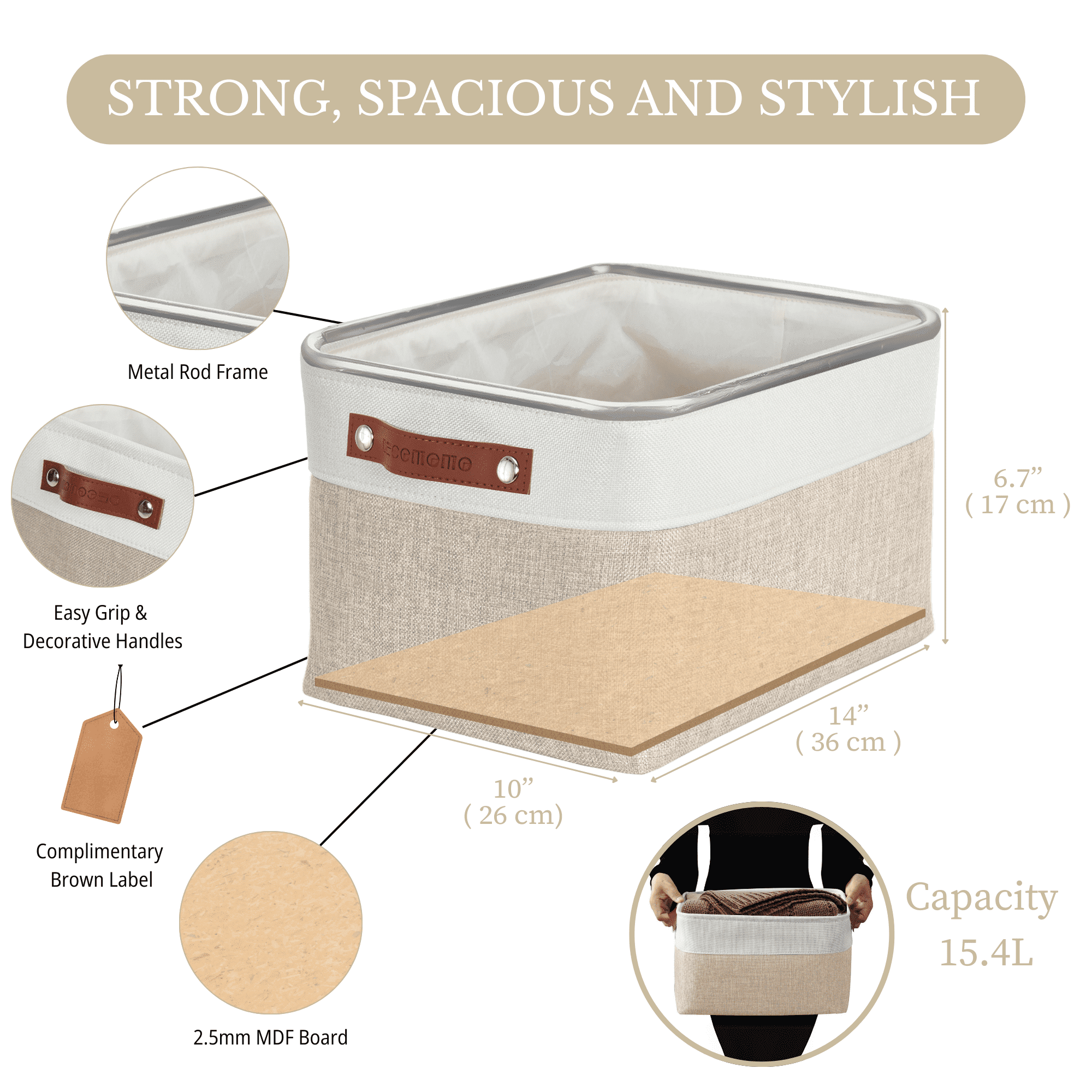 DECOMOMO Medium Decorative Durable Fabric Storage Baskets and Bins, Beige and White, Set of 3