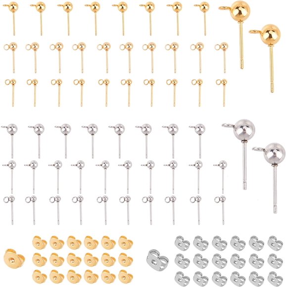 1 Box 60Pcs 6 Styles Ball Ear Studs Stainless Steel Earrings Post Round Ball Metal Stud with Loop Ear Nuts for Man Women Styling Dangle Findings Golden Silver