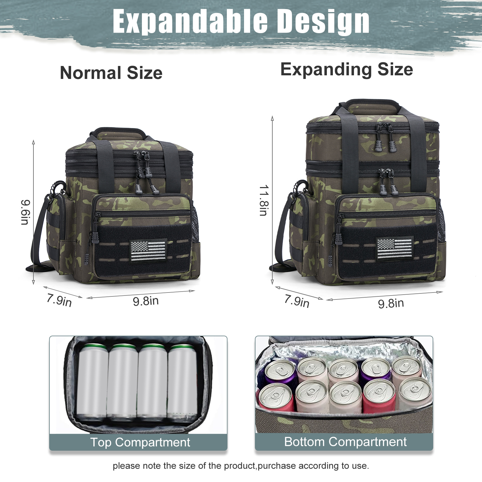 Holuxer Large Lunch Boxes for Men/Adults, Double Deck Expandable Camping Lunch Bag for Work Travel Daytrip Picnic Outdoor, Insulated Leakproof Cooler Bags with Flag Adjustable Shoulder Strap Camo