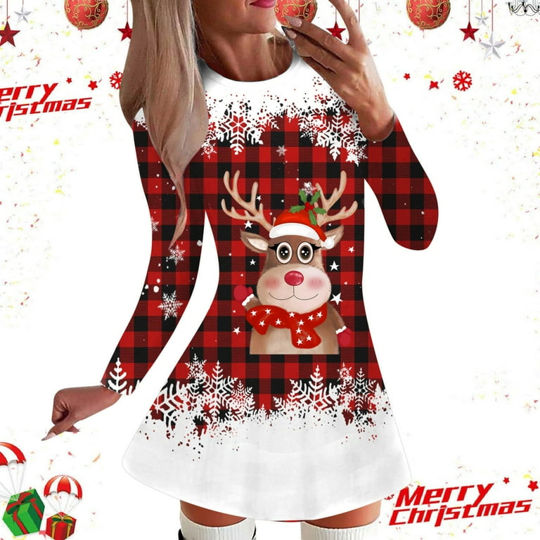 Womens Dress Fashion Casual Christmas Dress Long Sleeved Printed Round Neck  Party Christmas Snowflake Dress - Walmart.com