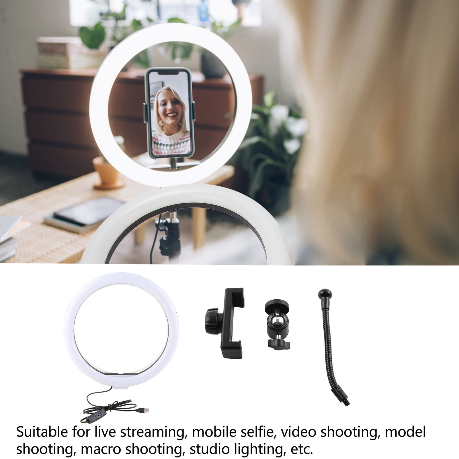 Anneau Lumineux Selfie 13 Pouces (33 Cm) - LED 10W, Lumière Réglable 3000-6000K, Prise USB - Pour Photos, Vidéos, Maquillage