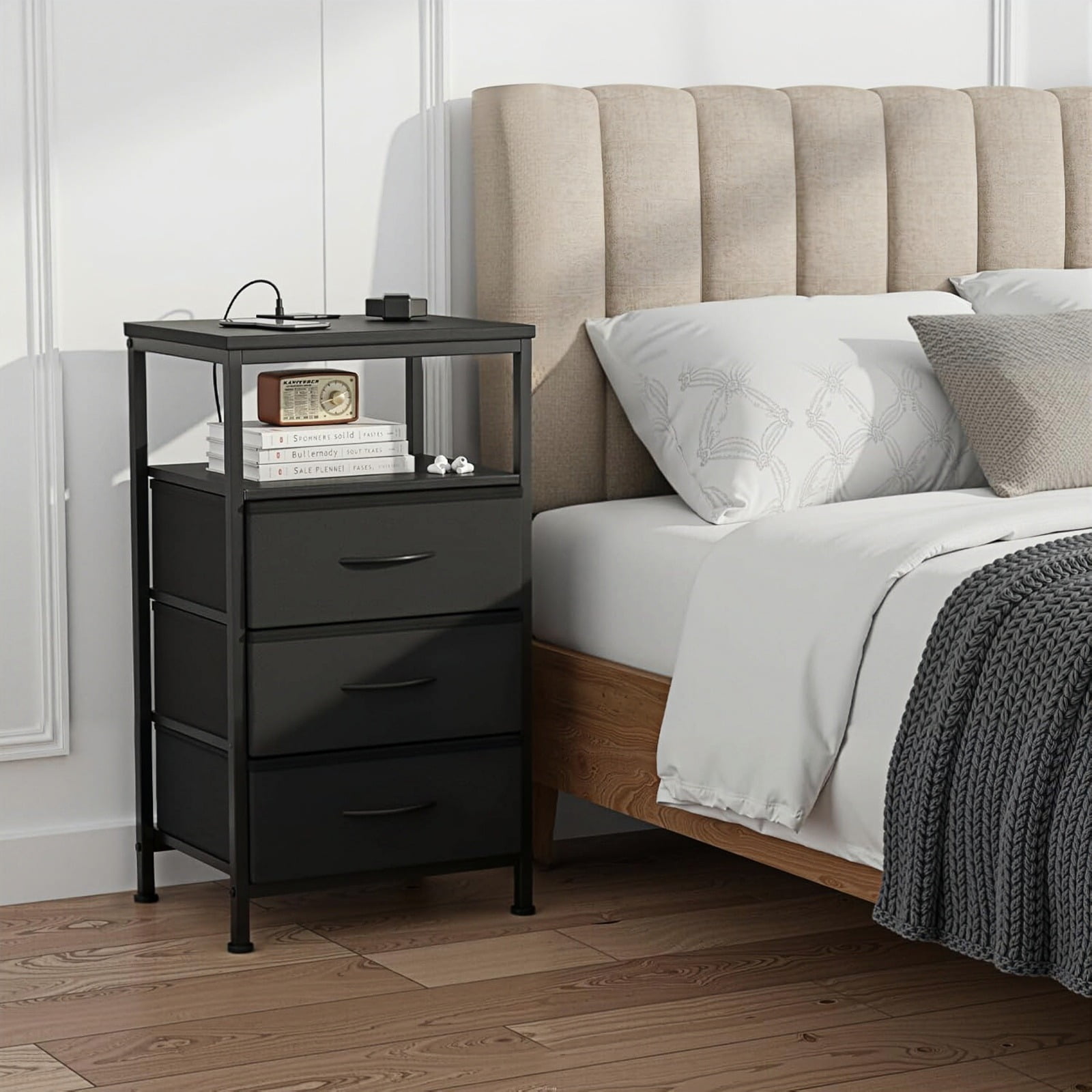 Nextay 3 Fabric Drawers Nightstand with Charging Station, LED Light Strip Bedside End Table with USB/Type-C Ports and Outlets & Adjustable Feet for Bedroom, Black