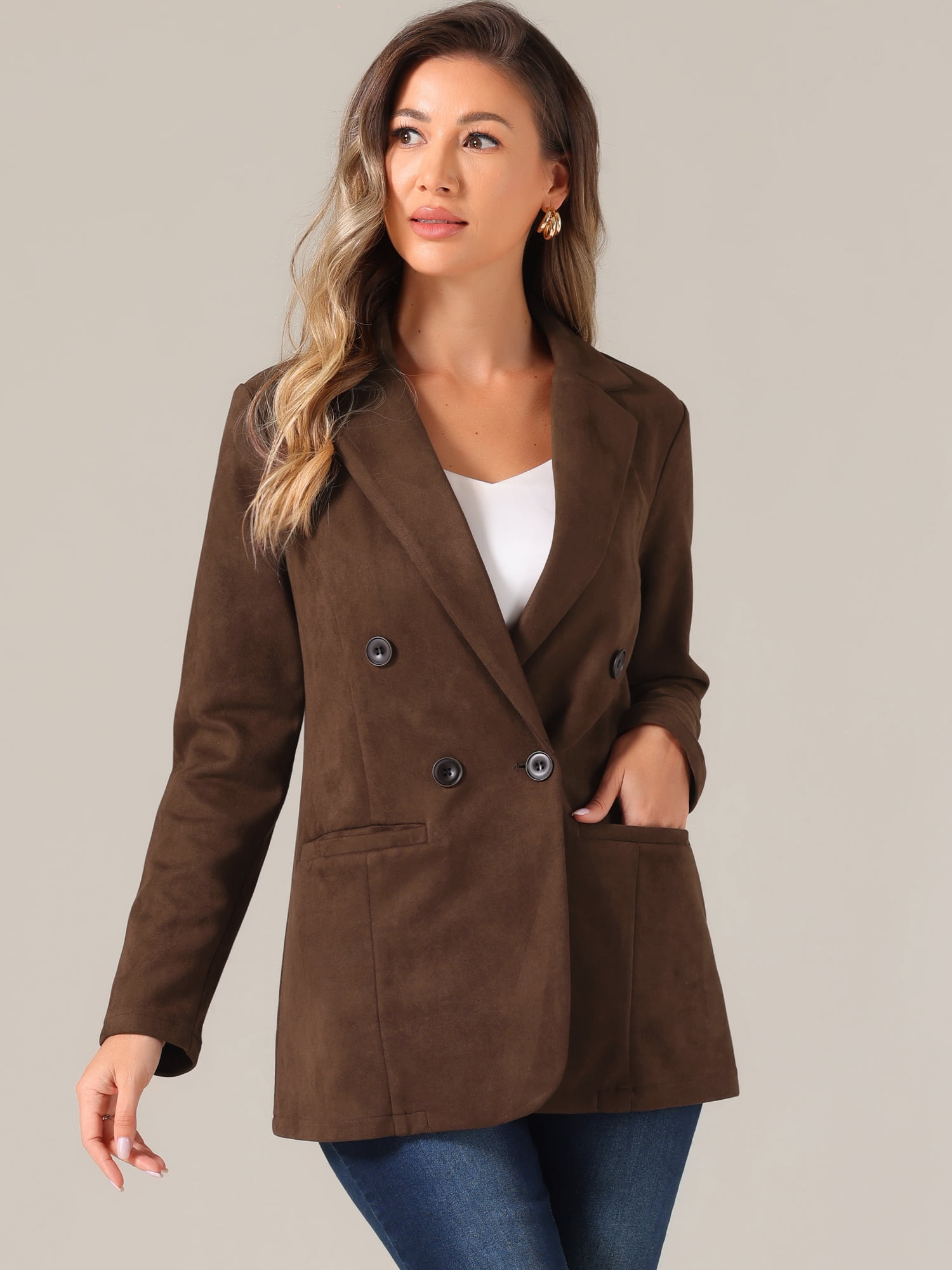 DARING DIVA Women's Faux Suede Blazer Double Breasted Suit Jacket XS Brown