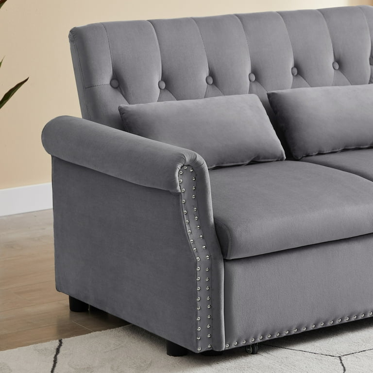 Convertible Sofa Bed 3 in 1 Multi Functional Velvet Sleeper Couch Pull Out Bed 55 Loveseat Bed Chaise Lounge with Adjustable Backrest and Pillows