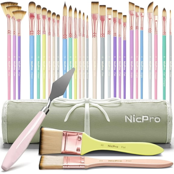 Nicpro 30pcs Paint Brush Set, Aesthetic Pastel Paintbrushes with Paint Spatula and Cloth Roll, Craft Paint Brushes for Acrylic Painting Oil Watercolor Gouache, Art Supplies for Artists and Beginners