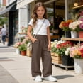thumbnail image 5 of Mifsaly Girls Summer Casual Pants High Waisted Wide Leg Cotton Linen Pant Lightweight Breathable Summer Beach Vacation Clothes with Pockets Brown,13 Years, 5 of 9