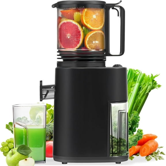 Cold Press Masticating Juicer, 250W Slow Juicer Machine with 5.4" Wide Feed Chute, Easy Clean Juice Extractor for Whole Fruits & Vegetables, High Juice Yield, Black