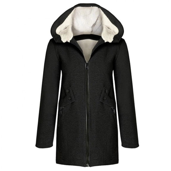 IROINNID Women's Hooded Parka Coat Solid Color Long Sleeve Warm Autumn And Winter New Large Coat Plush Cardigan Coat , Black