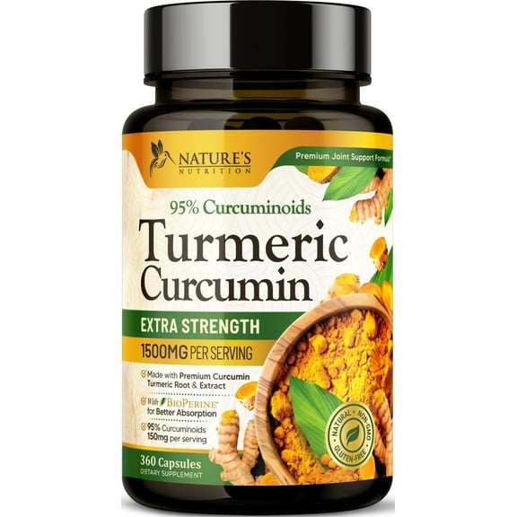 Turmeric Curcumin Supplement 1500mg - Organic Tumeric & BioPerine Black Pepper for Best Absorption with 95% Curcuminoids, Nature's Joint & Immune Support, Non-GMO, Bottled in USA - 360 Capsules