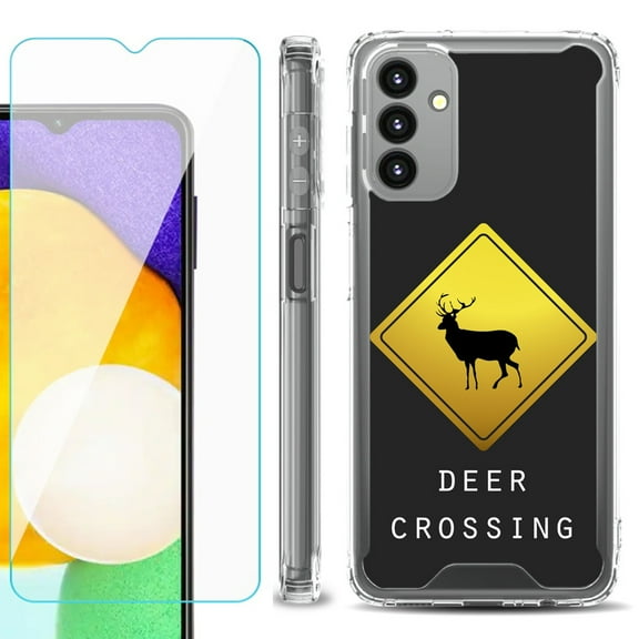 Shockproof Bumper Phone Case for Samsung Galaxy A13 5G, with Tempered Glass Screen Protector, by OneToughShield ® - Road Sign Deer