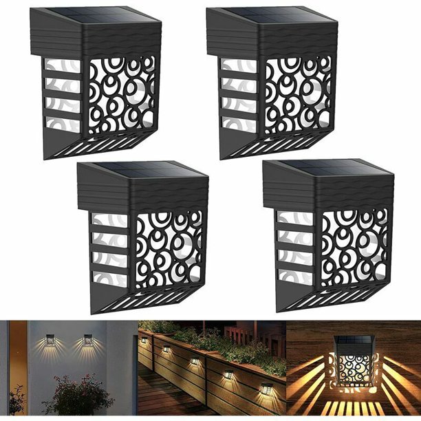 4 Pack Solar Garden Lights, IP54 Waterproof Outdoor Wall Lights for Fence, Path, Auto On/Off, Decorative Solar Lamp for Terrace