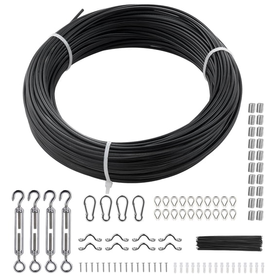 KFFKFF Black Vinyl-Coated Stainless Steel Cable Kit, 3/32 Cable Through 1/16 Diameter, 7x7 Strand Design, 164 ft Length with 189 Parts for Hanging Lights, Clotheslines, and Vines