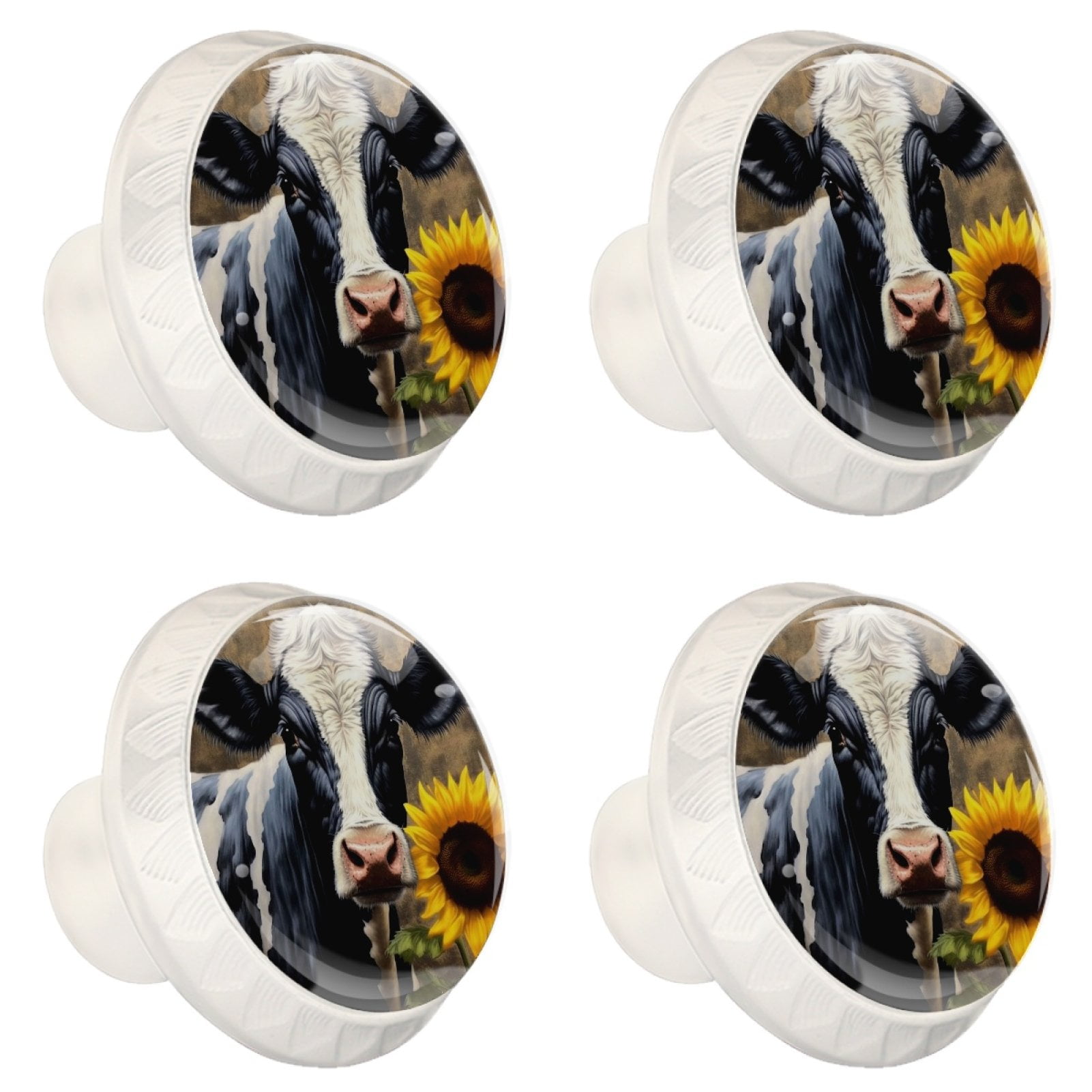 4 Pcs Cow and Sunflower Knobs for Kitchen Cabinet Cupboard Dresser Bookcase Drawer Pulls Handles Round Home Decor