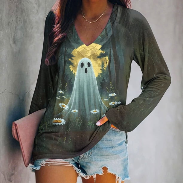 Ailaofu Ladies Long Sleeve Halloween and Christmas Decorative Basic V-Neck Casual Shirt Fashion Tops