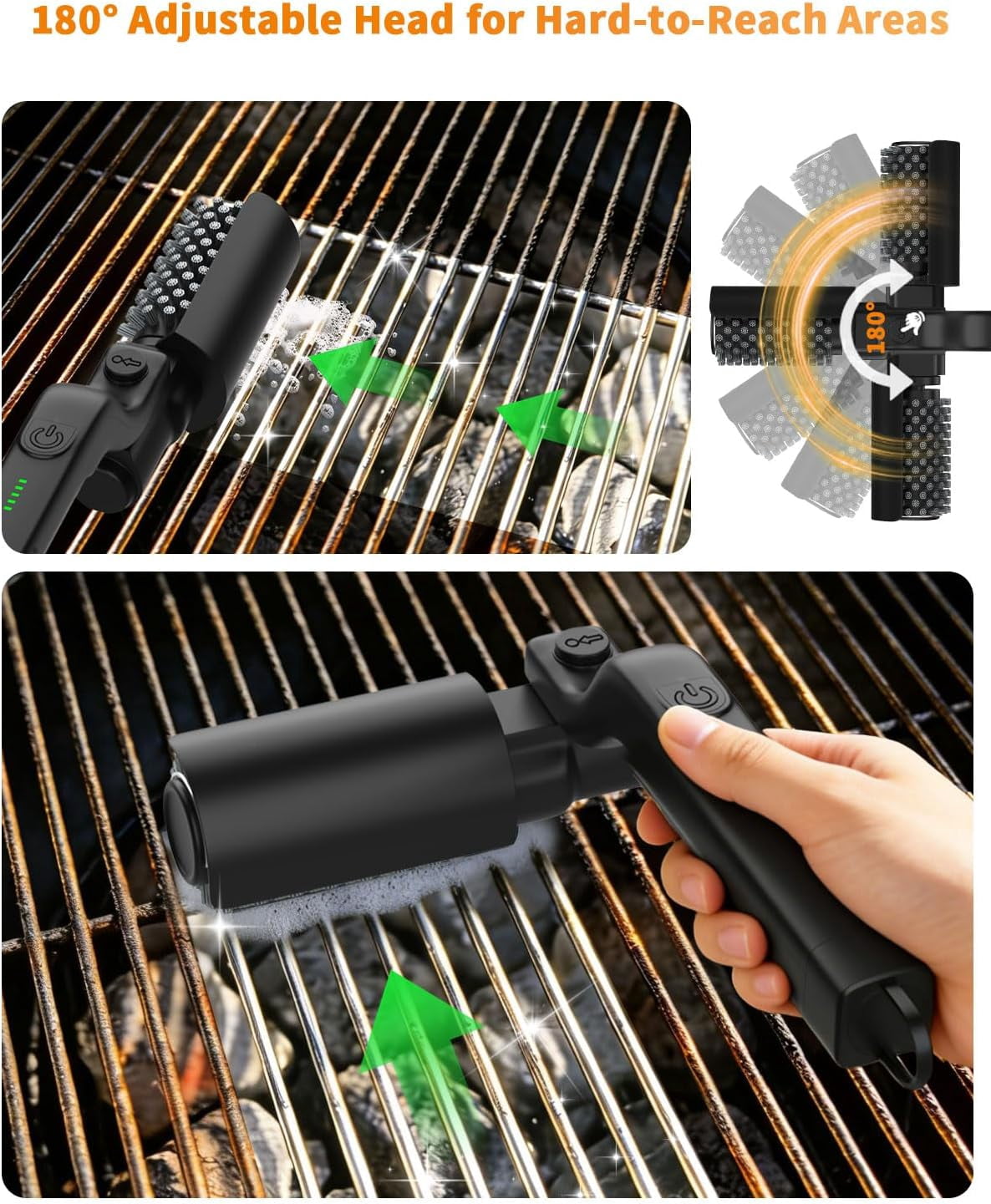 Electric Grill Brush, 3-Speed Rotary BBQ Cleaning Tool with 180° Adjustable Head,90-Minute Runtime,USB-C Rechargeable,Stainless Steel Bristle Brush for Gas,Charcoal and Ceramic Grills