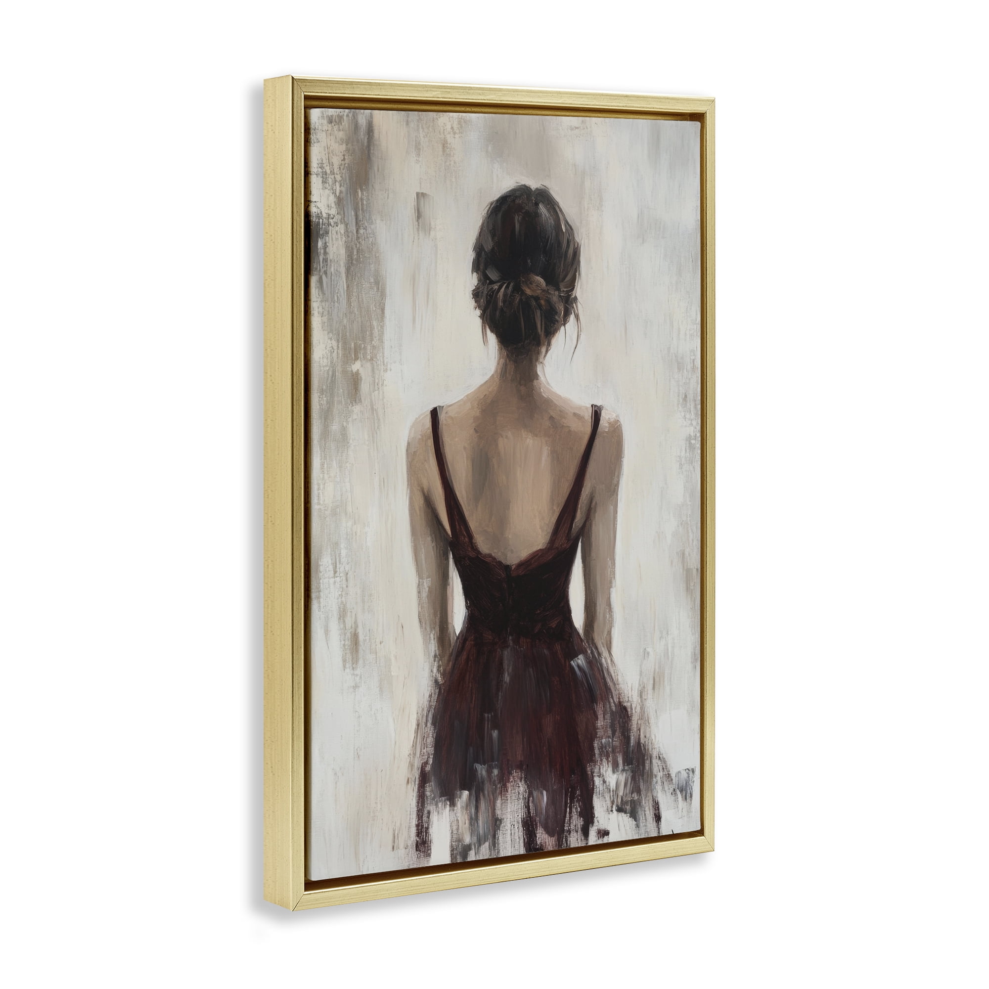 Stupell Industries Portrait of Woman in Burgundy Gold Framed Floater Canvas Wall Art, design by Petal Prints Design