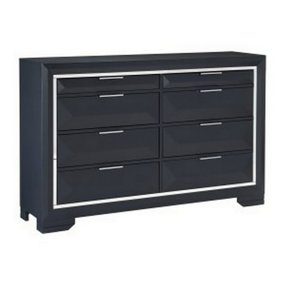 Benjara Rosy 60 Inch Dresser, 8 Drawers, Chrome Metal Accents, Midnight Blue Wood