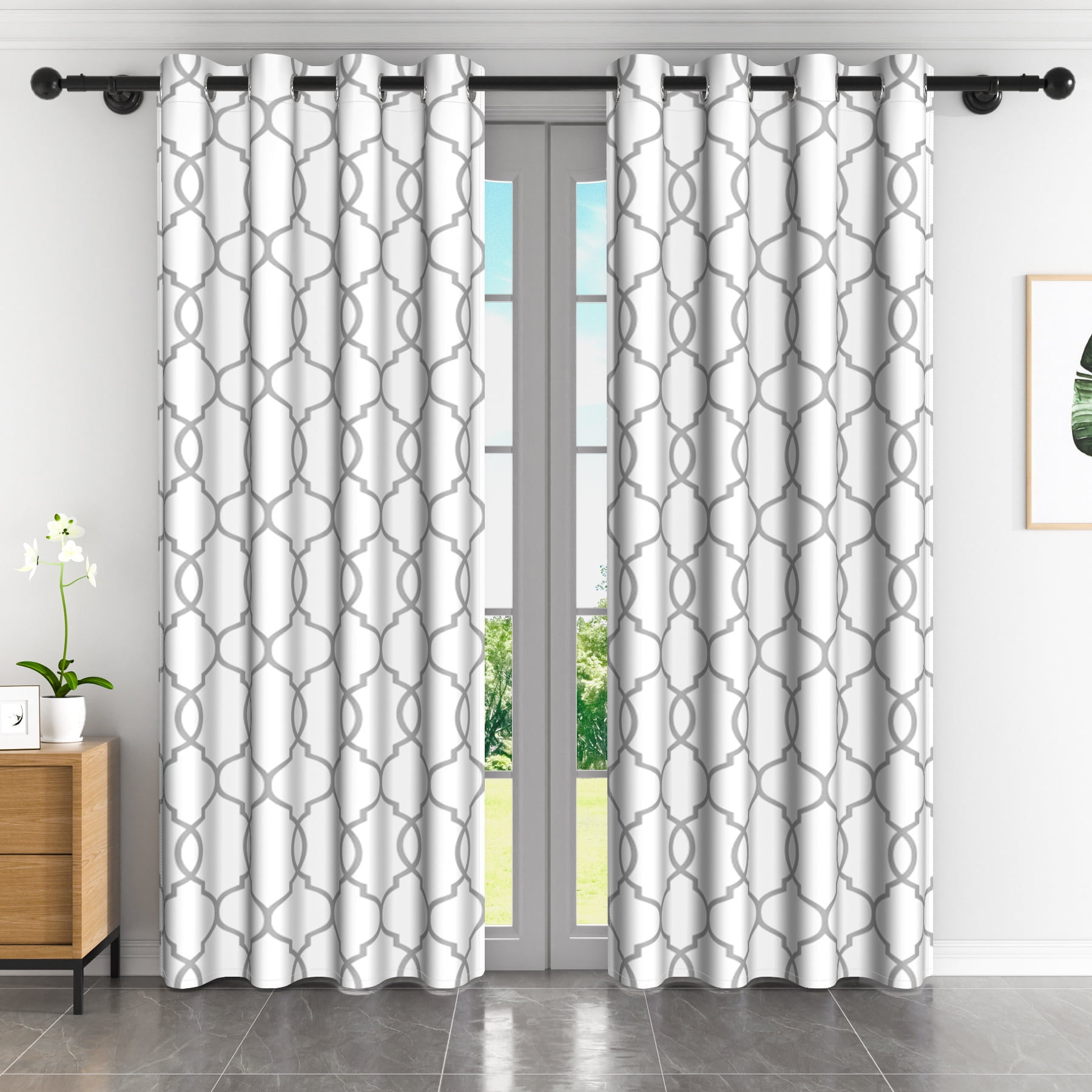 Lfeey Geometric Grid Pattern Light Filtering Grommet Blackout Curtains, Gray, 52x84 Inches, 2 Panels