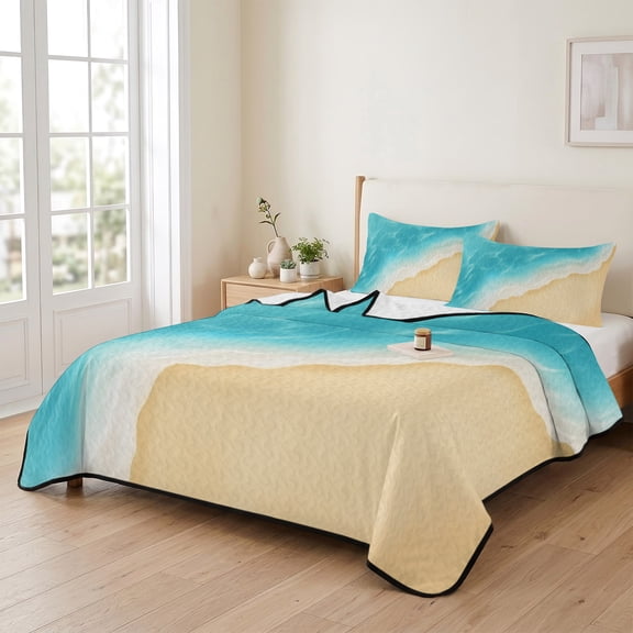 Twin XL Quilt Bedding Set, Summer Ocean Beach Sand Lightweight Coverlet Summer Comforter Set Soft Microfiber Bedspread, Teal Gradient Water Ripple 3 Piece Quilt Set with 2 Pillow Shams