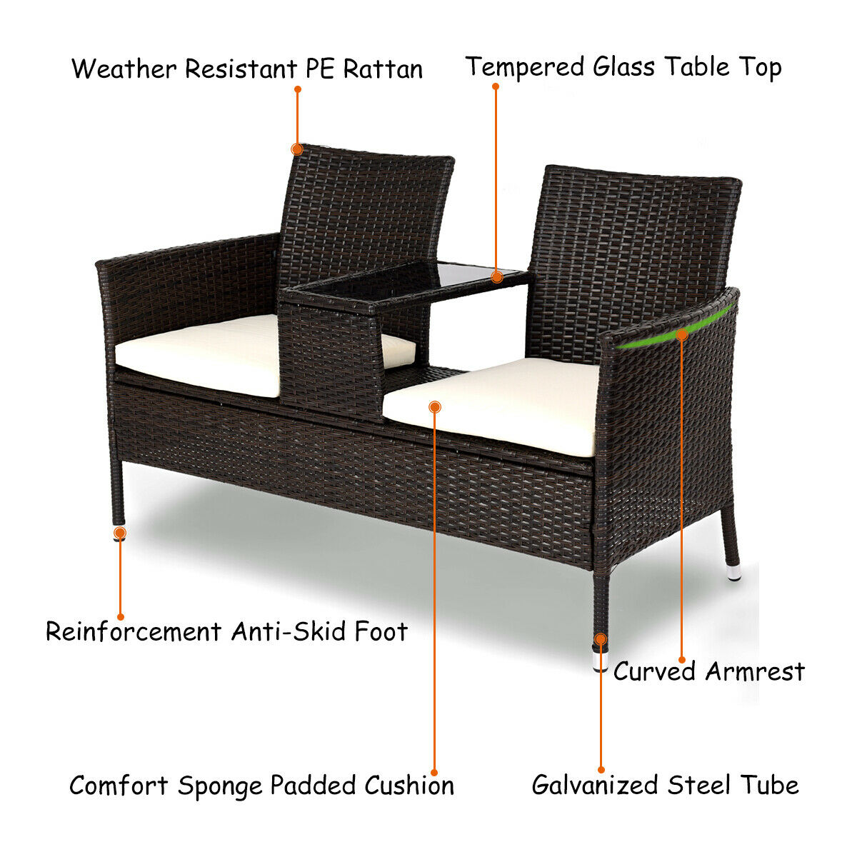 Gymax Loveseat Sofa Table Chairs Cushioned Patio Rattan Seat