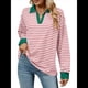 thumbnail image 2 of Sudaderas A Rayas de Talla Grande para Mujer, de Larga, con Cuello de Solapa, Informales, Suaves, Tipo Pulóver, Camisetas Rosa XL, 2 of 10