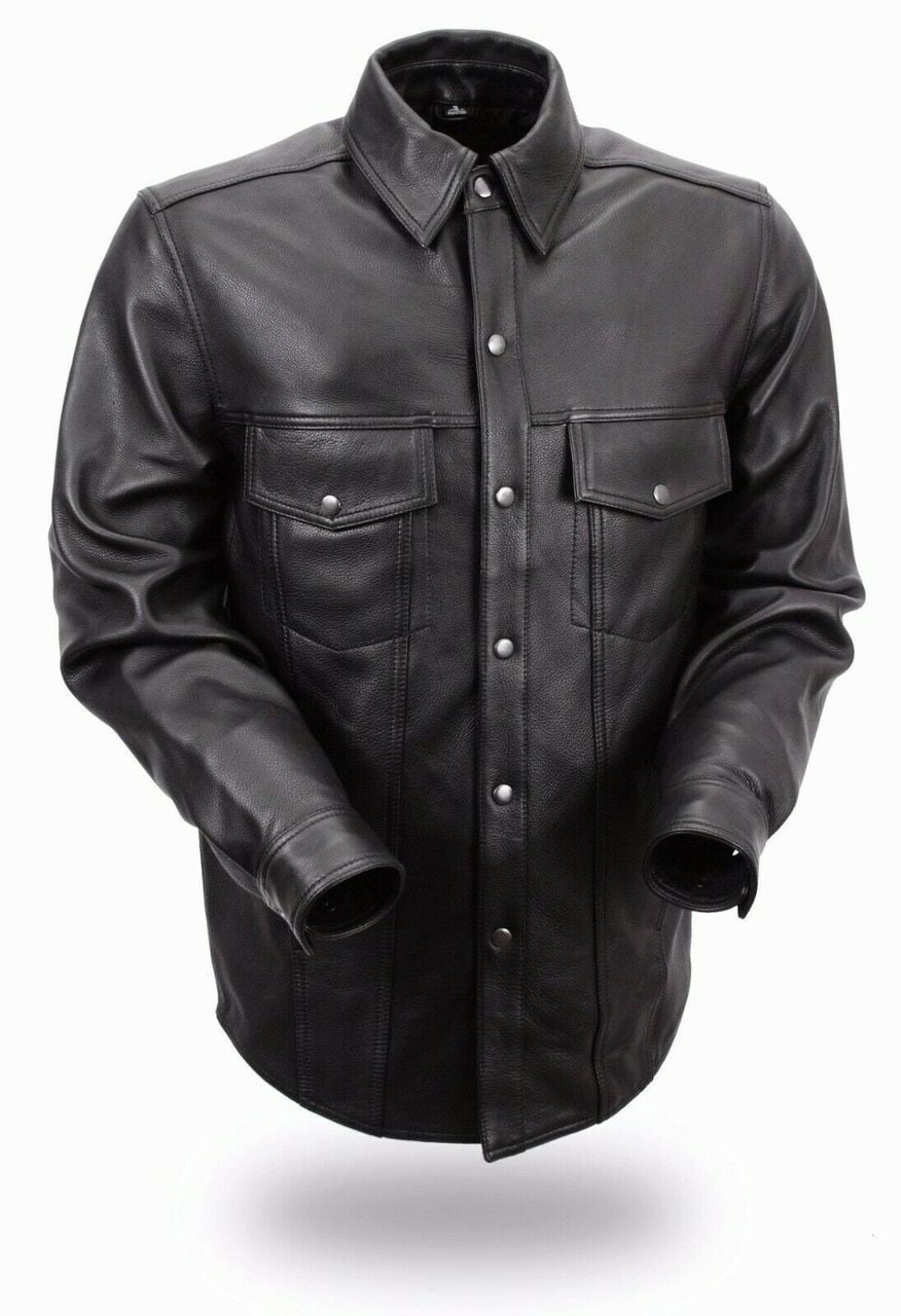 Milwaukee Leather LKM1601 Mens Black Lightweight Snap Front Leather Shirt