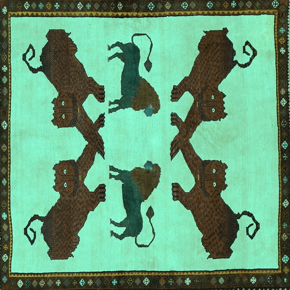 Ahgly Company Machine Washable Indoor Square Animal Turquoise Blue Traditional Area Rugs, 7' Square