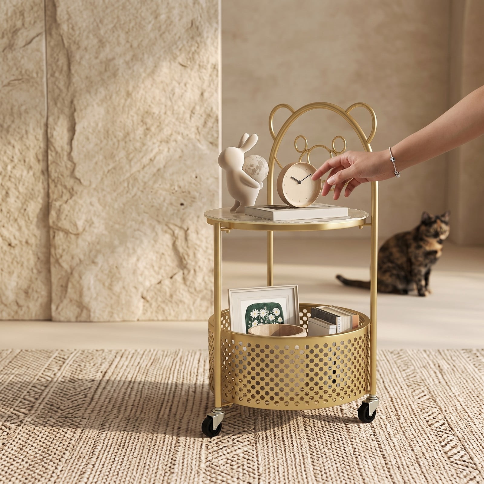 Furnibear Modern Sofa Side Table with Lockable Wheels, Round Tempered Glass End Table with Metal Storage Basket for Living Room Bedroom Study, Rolling C-Shaped, Gold