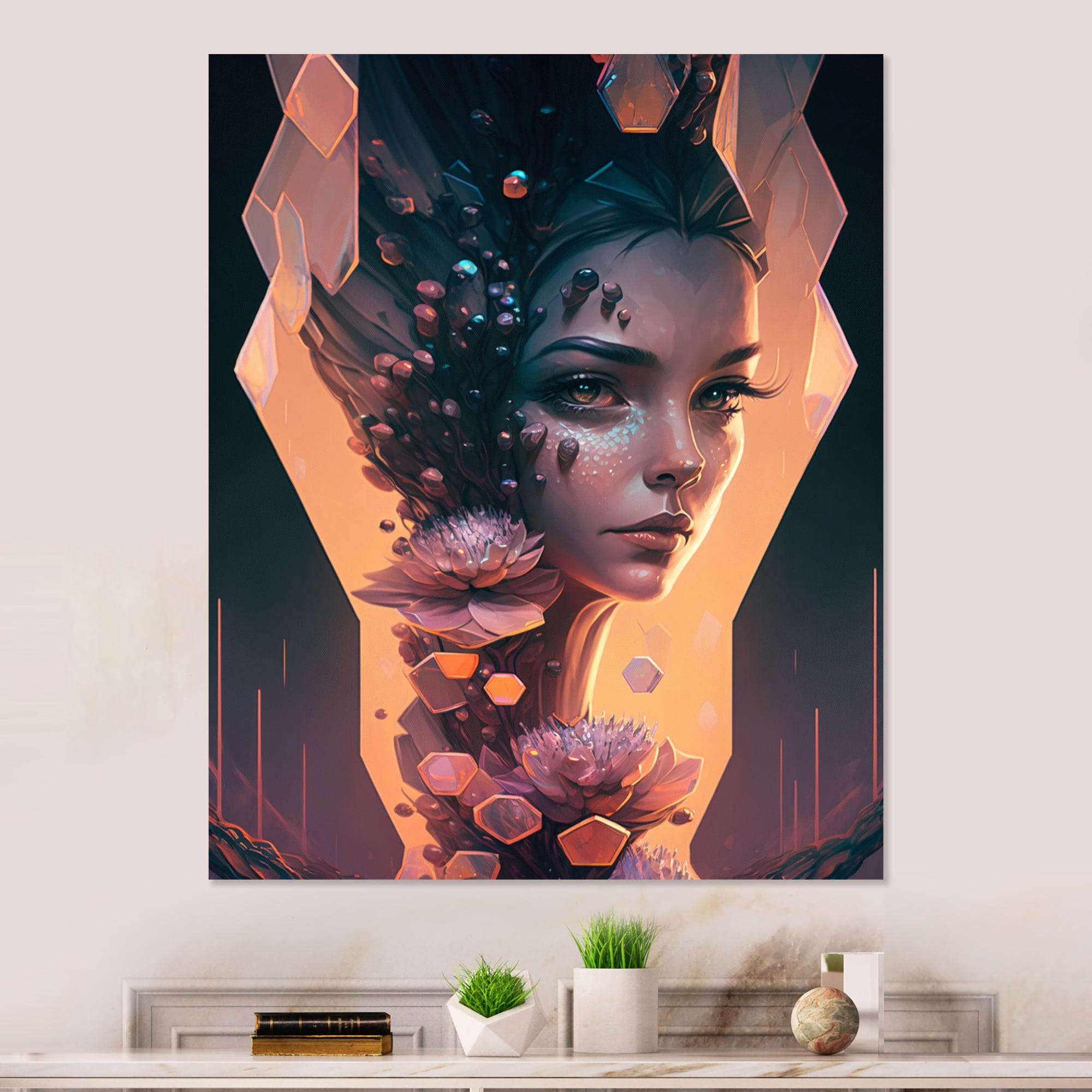 Designart Alien Face With Flowers 3 Hexagon Canvas Wall Art