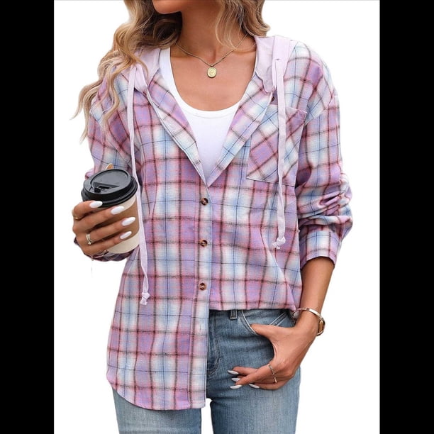 Sudadera con Capucha A Cuadros Estilo para Mujer, de Larga, con Botones y Cordón, Informal, para Otoño, con Bolsillo. Púrpura M