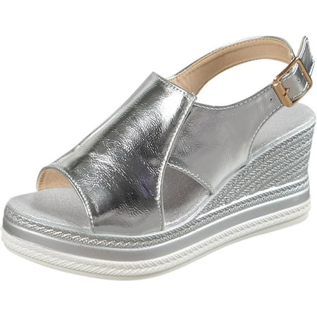 Womens Espadrille Wedge Sandals Open Toe Platform Fish Mouth Silver Ankle Strap Slingback Summer Dress Shoes Wide Width