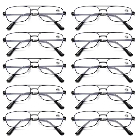 10 PK Mens Retro Aviator Reading Glasses Metal Frame Blue Light Blocking Readers