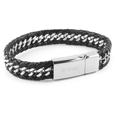 Crucible Stainless Stel Black Braided Leather Curb Link Bracelet