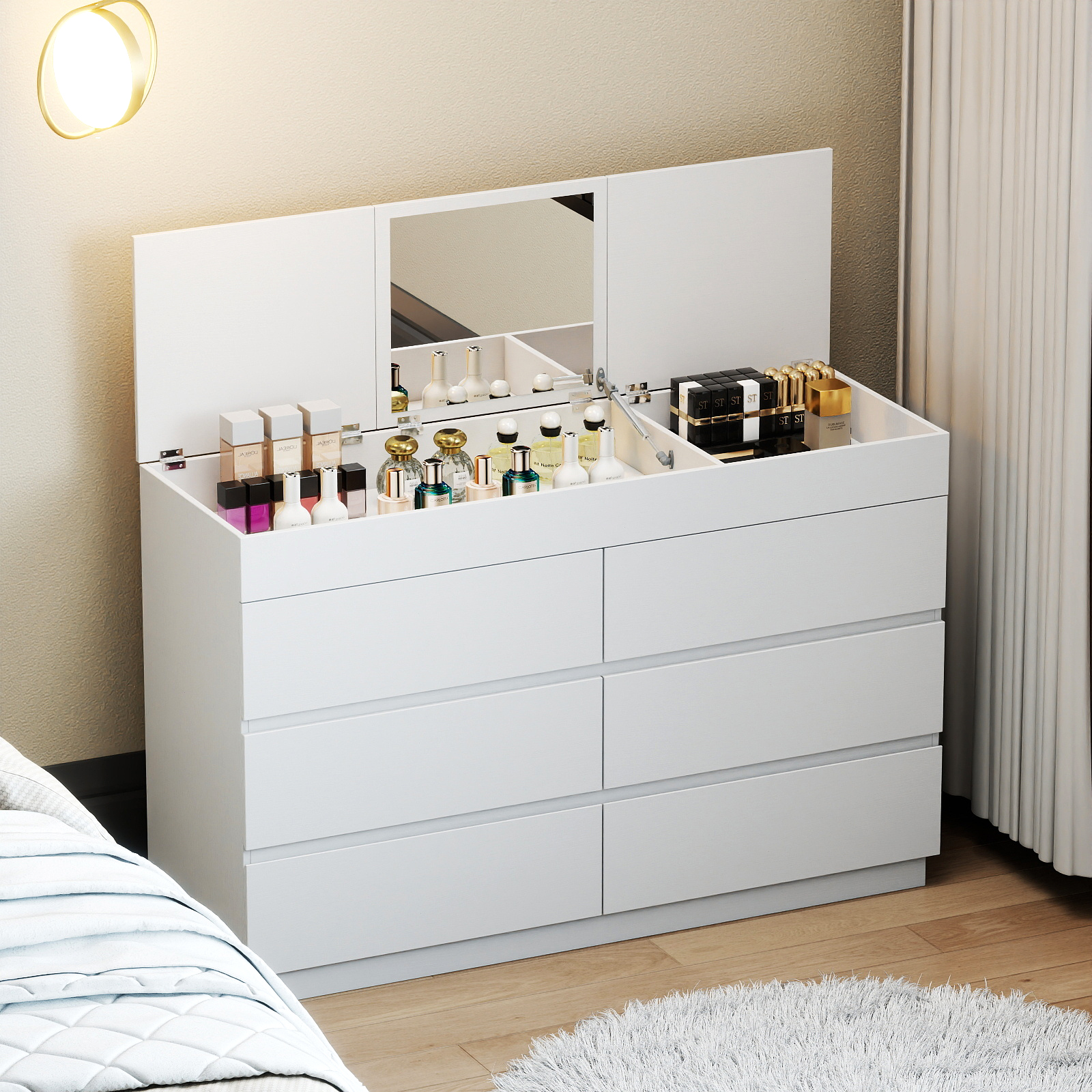 Six-drawer Cabinet With Mirror, White Embossed P2 12mm Particleboard With Melamine Veneer, 120*40*85.5cm