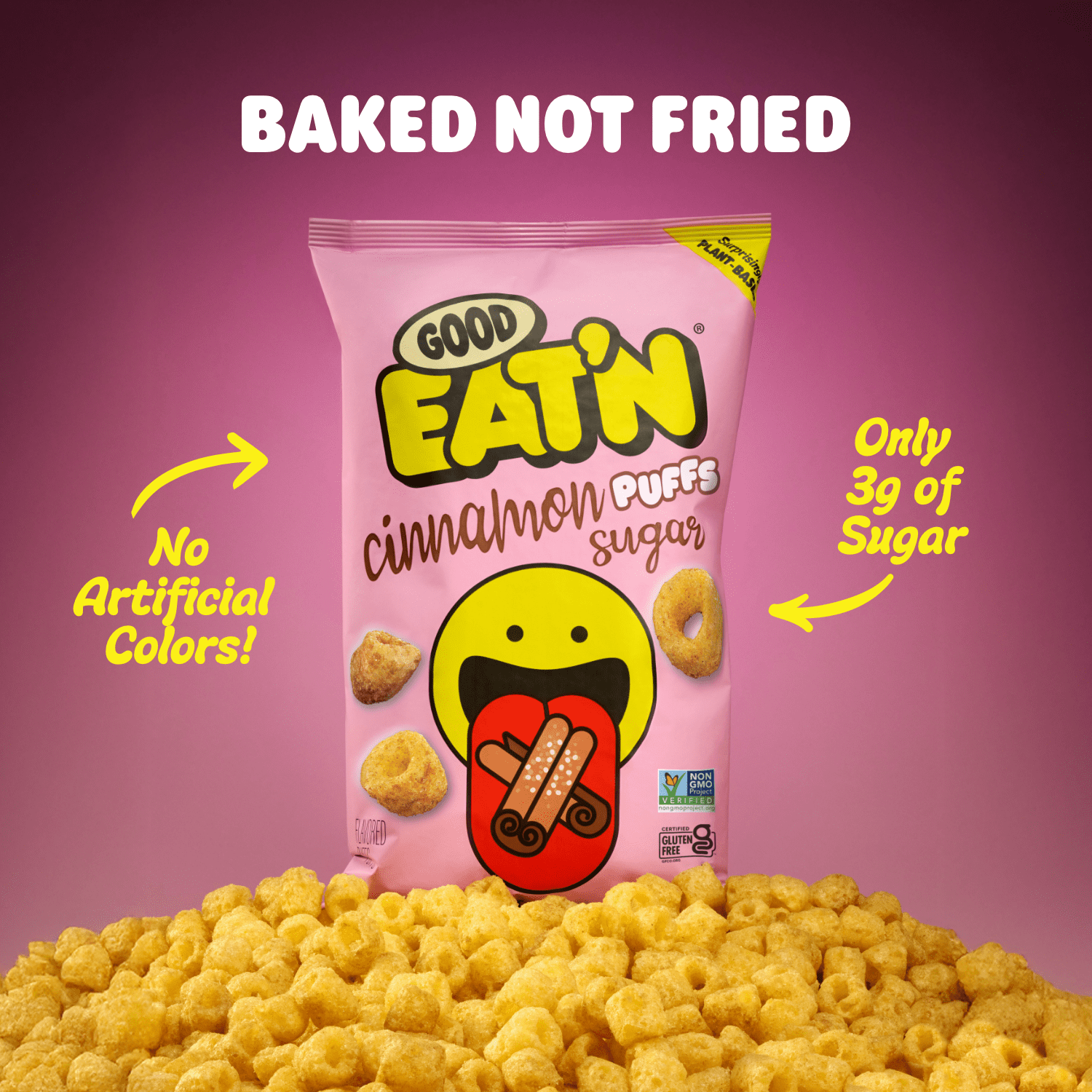 (3 pack) Good Eat'n Cinnamon Sugar Puffs, Baked Non-GMO Corn Snack, Gluten-Free, Vegan, 5oz