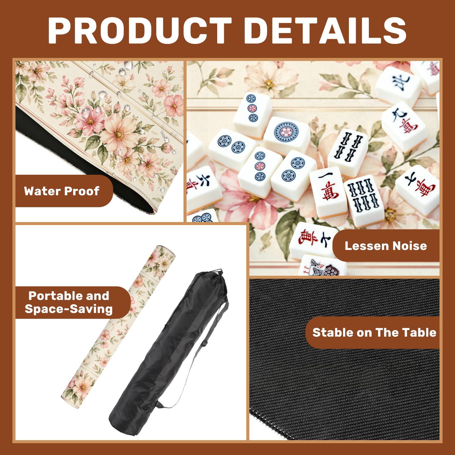 Mahjong Mat 31.5" x 31.5" Delicate Floral Soft Pink Green Leaves Non-Slip Noise Reduction American Mahjong Tiles Table Cover for Dominoes Poker Card Board Games Gift