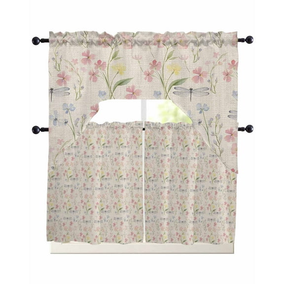 Pink Floral Kitchen Curtains Swag Valance and Tier Curtains Set 24 Inch Length, Spring Pastoral Retro Botanical Plants Rod Pocket Drape Panels Pair Swag Curtain for Bathroom/Cafe/Window