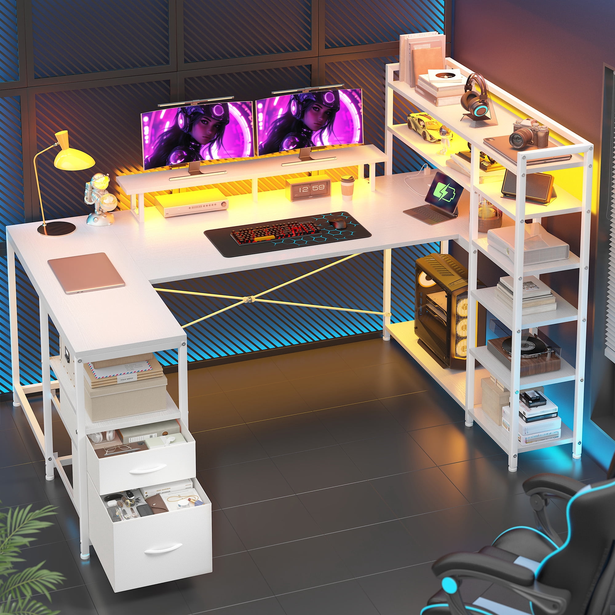 Romorgniz 63 inch U-Shaped Gaming Desk with Power Outlet & LED Lights, 6-Tier Storage Shelves & 2 Fabric Drawers, Reversible Computer Desk for Home Office, White