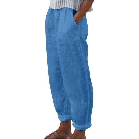 Women's Cotton And Linen Long Pants Elastic Waist Long Straight Wide Leg Pants Baggy Lounge Trousers with Pockets