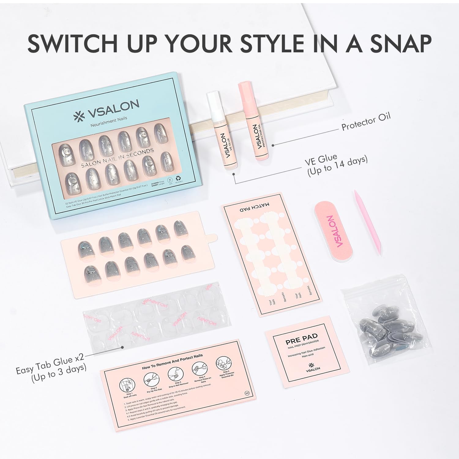 VSALON Press on Nails Short Oval - Grey Blue Cat Eye Glue On Nails with Silver Star Moon, Opaque Salon Quality Winter Fake Nails Kit - 32 PCS Stick on Nails in 16 Sizes with Glue & Cuticle Oil