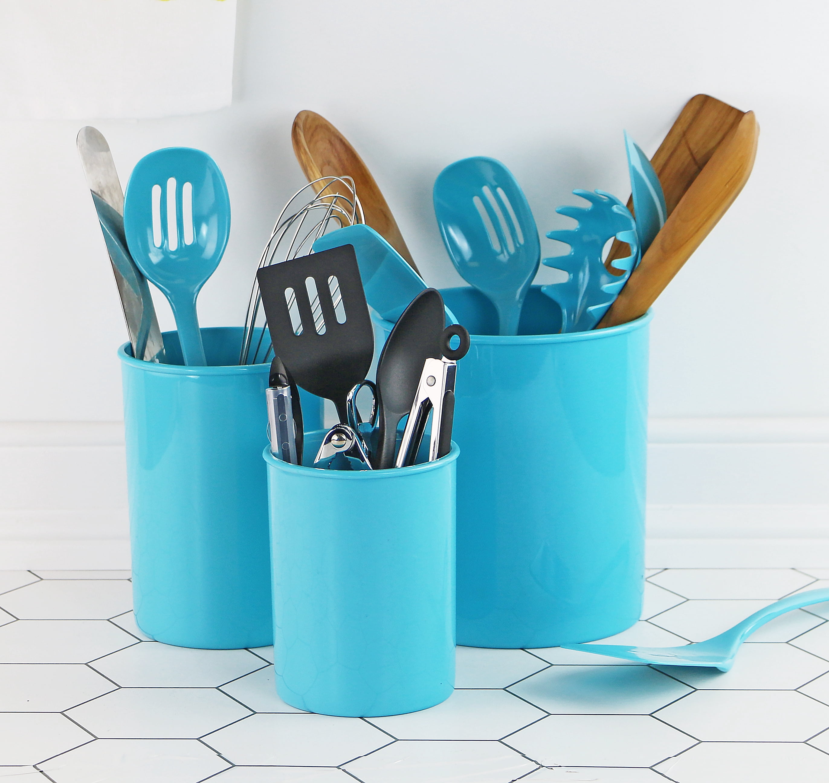 Reston Lloyd Multipurpose Utensil/Crock Holders Organize Wide Variety of Sizes of Utensils & Tools, Includes Extra Large, Large, & Miniature, Turquoise
