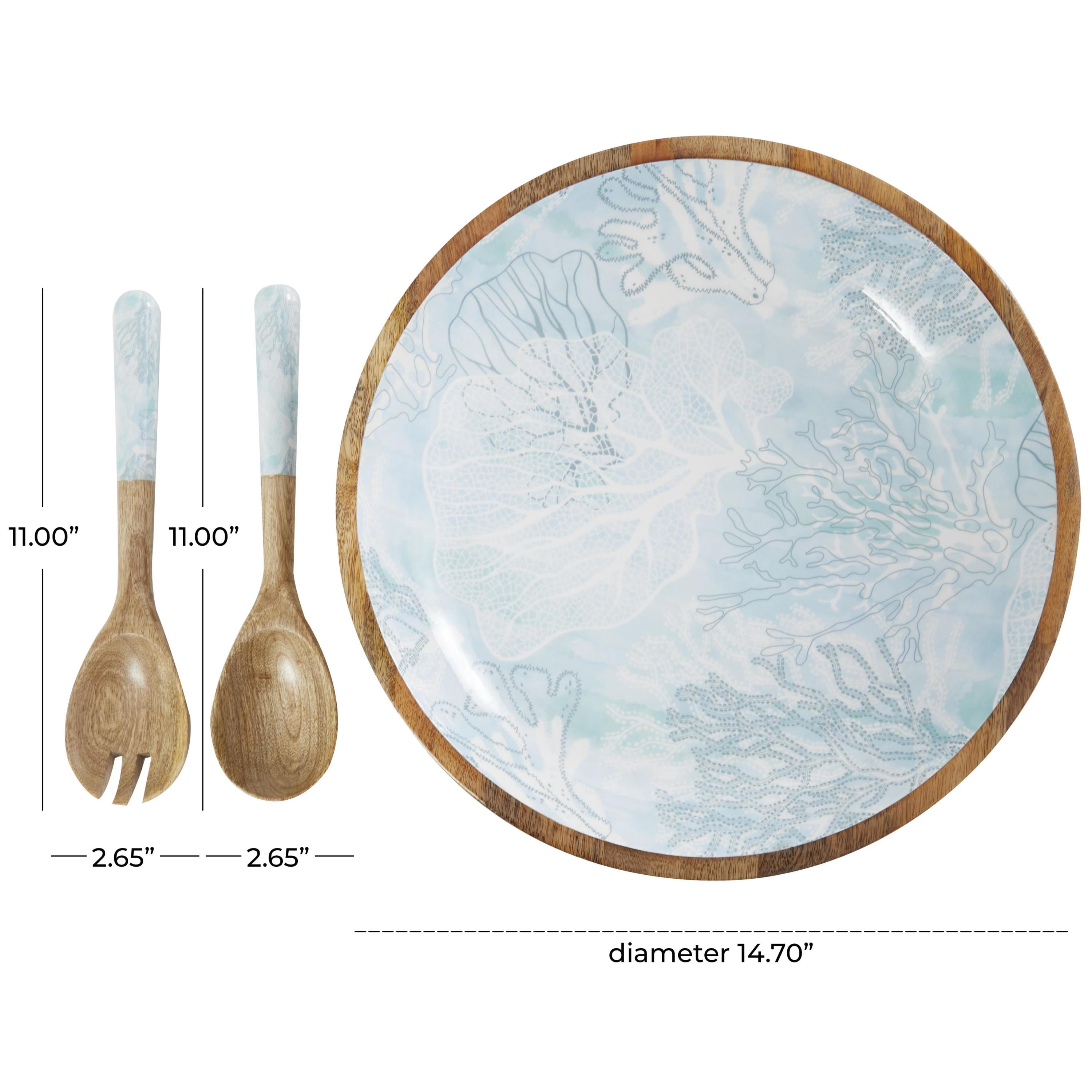 DecMode 15", 11", 11"W Handmade Round Light Blue Mango Wood Decorative Bowl with Matching Salad Serving Utensils, Set of 3