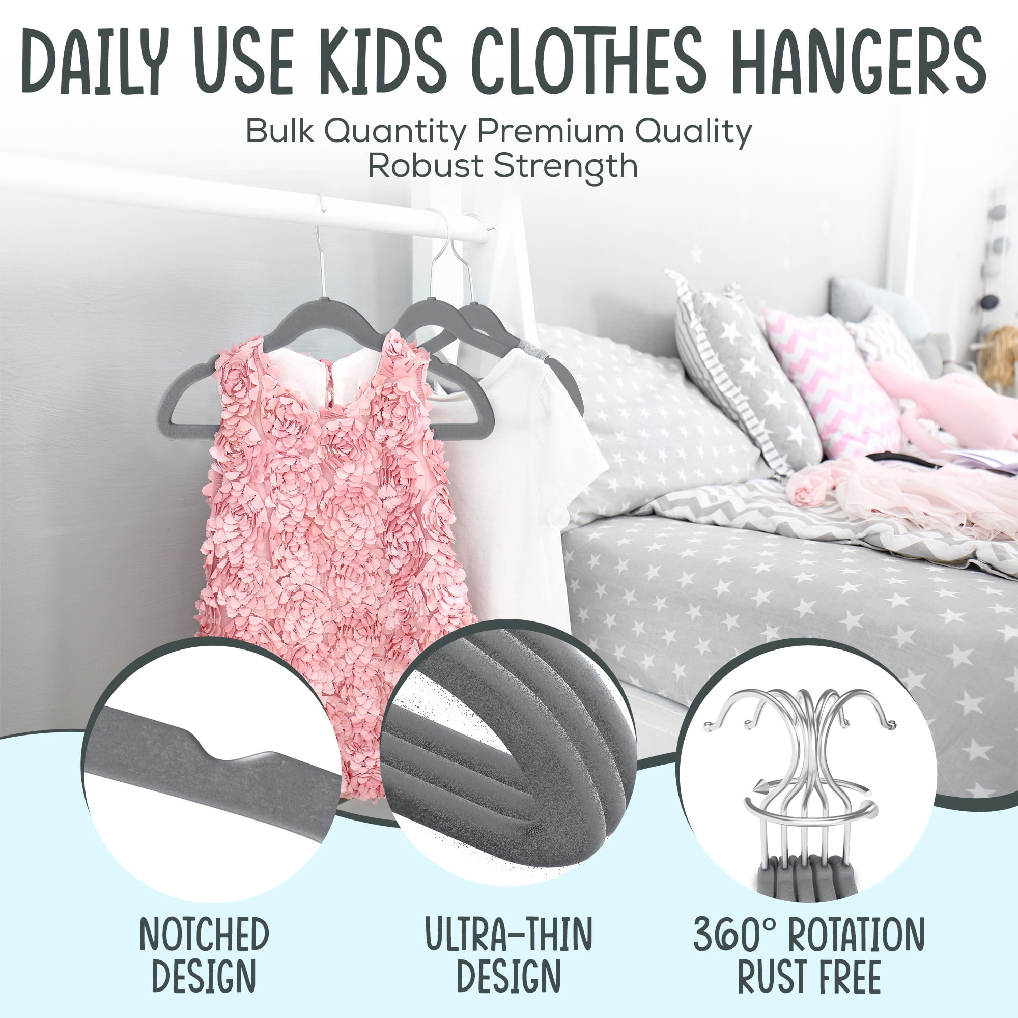 Techzoo Premium Kids Velvet Hangers 55 Pack – 14" Non Slip Felt Cloth Hangers for Closet – Ultra Slim, Space Saving Kids Clothes Hangers with 360° Swivel Hook, Toddler Children Kids Hangers – Gray