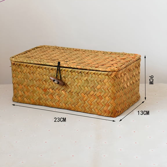 ACDANC Wicker Storage Basket with Lid,Natural Seagrass Storage Baskets for Organizing,Rectangular Woven Basket for Storage,Decorative Boxes Bins with Lids Home Organizer Decor